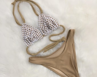 Women's Cheeky white mesh nude bikini