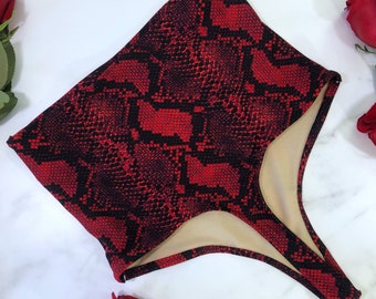 High Waist Thong Red Snake Swimsuit Bottom