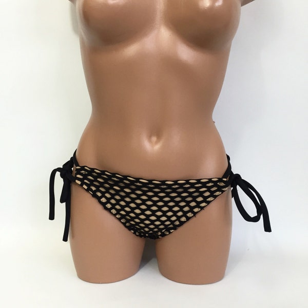 Women's Bikini Bottom Separate Adjustable Tie Strings Black Mesh Bathing Suit