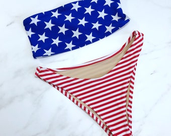 Women's American flag bikini, high leg bandeau swimsuit, USA cheeky bathing suit