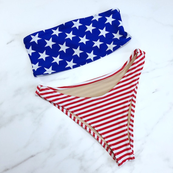 Women's American flag bikini, high leg bandeau swimsuit, USA cheeky bathing  suit