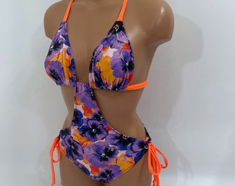 Women's One Piece Swimsuit floral Print criss-cross back