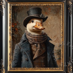 Pode incluir: Um retrato emoldurado de um pato com cartola, cachecol e casaco. A obra de arte está em uma moldura preta e dourada ornamentada. O texto "Veritas Fine Prints" e "ART COLLECTIVE" está na parte inferior da imagem.
