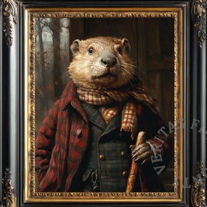 May include: A framed portrait of a groundhog in a red plaid coat, scarf, and cane. The artwork is set against a blurred forest background and framed in a black and gold ornate frame. The text "Veritas Fine Prints ART COLLECTIVE" is at the bottom.