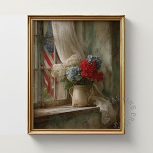 Vintage 4th of July Wall Art – Hydrangea & American Flag Print, Patriotic Floral Decor, Summer Floral Printable, Digital Download Print