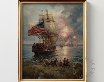 Vintage 4th of July Tall Ship Print: Patriotic Naval Scene (Digital Download)