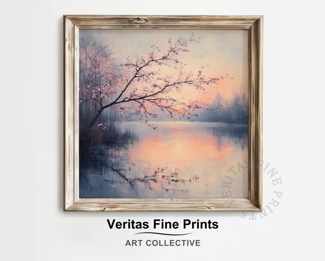 Cherry Blossom Twilight Lake Printable Art - Romantic Spring Landscape ...