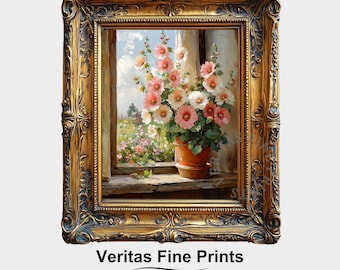 Hollyhock Floral Wall Art Printable – Victorian Botanical Window Decor, Shabby Chic Summer Flowers, Cottagecore Farmhouse Digital Download