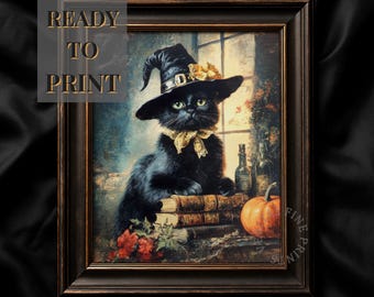 Black Cat Witch Art Print: Gothic Halloween Decor (Digital Download 16x20")
