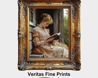 Victorian Girl Reading – Romantic Cottagecore Digital Print, Vintage Porch Painting, Elegant Feminine Wall Art, Instant Download