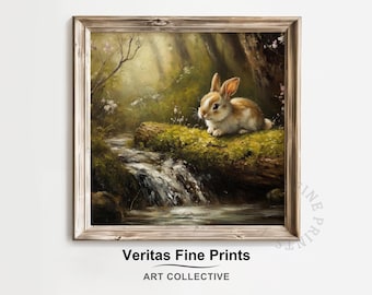 May include: A painting of a small, white and brown rabbit sitting on a mossy log in a forest. A small stream flows through the forest, and the background is a soft, green and brown.