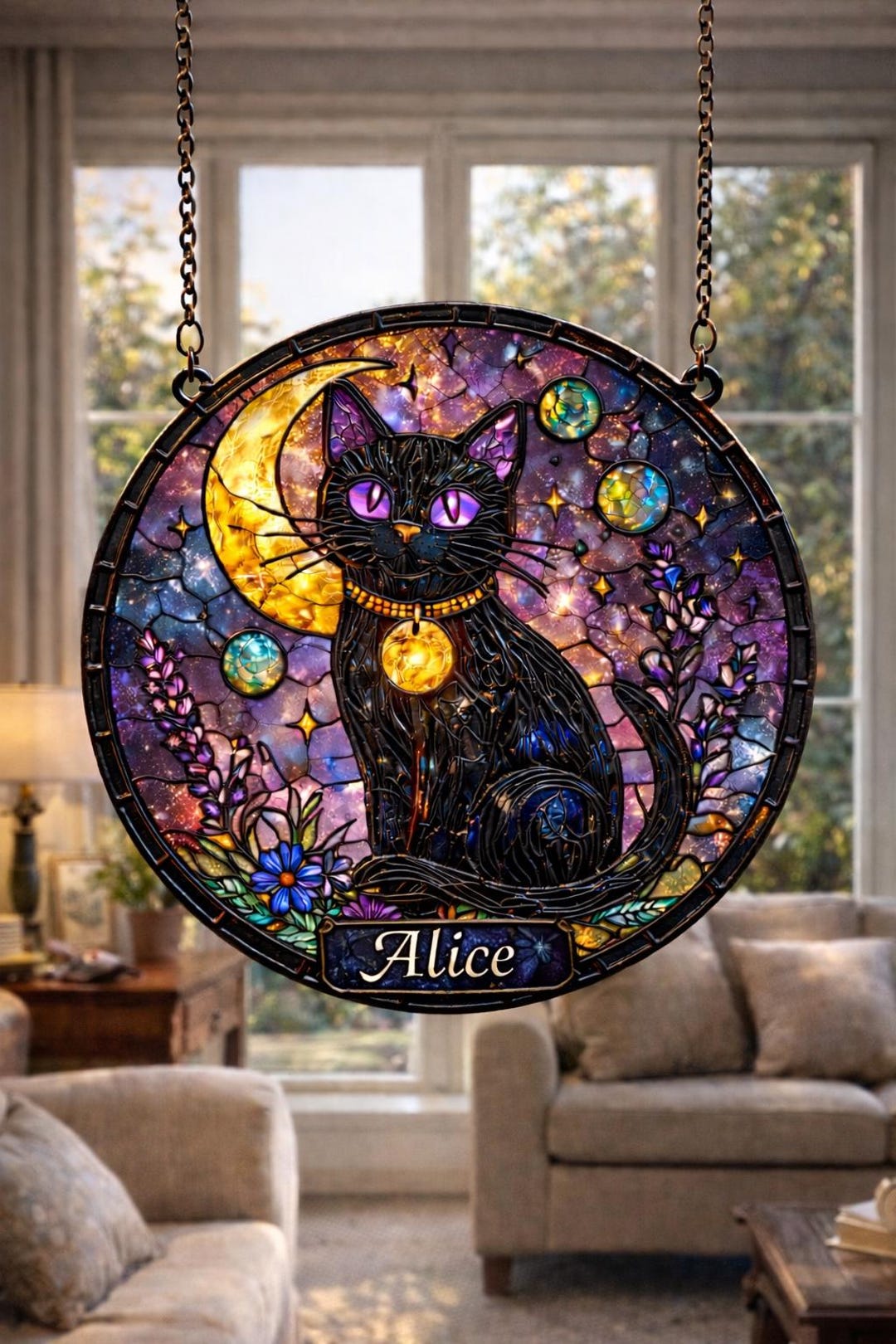 Personalized Black Cat Stained Glass Suncatcher, Witchy Gothic Window ...