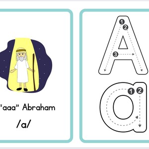 Peut inclure: Cartes éducatives pour l'apprentissage de l'alphabet. Une carte présente un dessin animé d'Abraham avec le texte "aaa" Abraham /a/. L'autre carte montre la lettre "A" majuscule et minuscule avec des guides directionnels numérotés pour l'écriture.