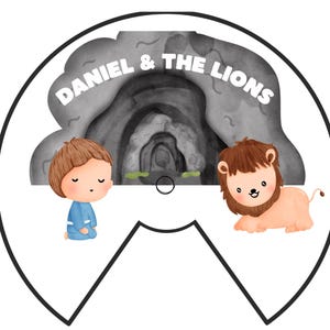 May include: A circular illustration featuring the text "DANIEL & THE LIONS" above a cave scene. A cartoon boy in blue kneels on the left, and a friendly lion is on the right. The background is white.