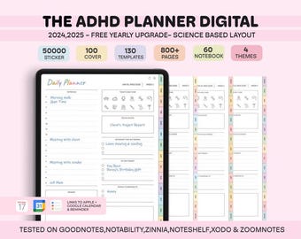 Planificador digital para TDAH, planificador Goodnotes 2024-2025, planificador digital para adultos con TDAH, planificador diario semanal basado en la ciencia y rastreador de hábitos de cuidado personal