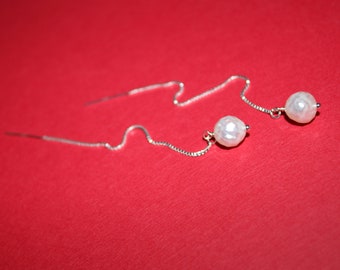 925 Pearl Drop Earrings, Silver Pearl Threader Earrings, Pearl Bridal Jewelry, Ladies Pearl Earrings, Teacher Gift