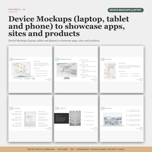 May include: A digital mockup presentation showcasing device mockups for laptops, tablets, and phones. The presentation includes multiple slides with various device displays, ideal for showcasing apps, websites, and products. The text reads: Device Mockups (laptop, tablet and phone) to showcase apps, sites and products.