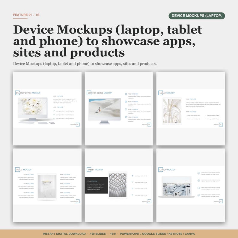 May include: A digital mockup presentation showcasing device mockups for laptops, tablets, and phones. The presentation includes multiple slides with various device displays, ideal for showcasing apps, websites, and products. The text reads: Device Mockups (laptop, tablet and phone) to showcase apps, sites and products.