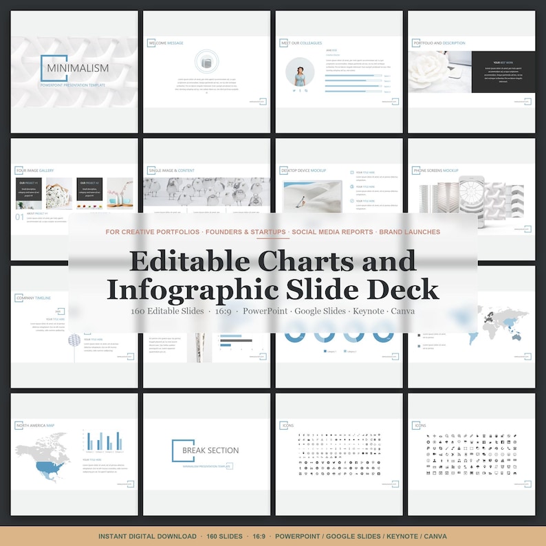 May include: A digital presentation template with a minimalist design. The slides are white with blue accents and feature charts, infographics, and various layouts. Text includes "MINIMALISM" and "Editable Charts and Infographic Slide Deck."