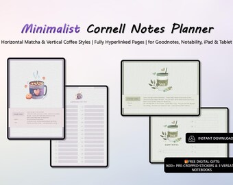 May include: A digital planner with a minimalist design featuring a cup of hot chocolate with marshmallows and a cup of coffee. The planner is designed for note-taking and includes a "Contents" section. The text "INSTANT DOWNLOAD" is visible in the bottom right corner. The text "FREE DIGITAL GIFTS: 1600+ PRE-CROPPED STICKERS & 3 VERSATILE NOTEBOOKS" is visible in the bottom center.