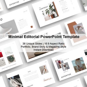 May include: A collection of white PowerPoint presentation slides with a minimalist design. The slides feature images, text, and geometric shapes in neutral tones. The title "Minimal Editorial PowerPoint Template" is displayed, along with details about the template's features.