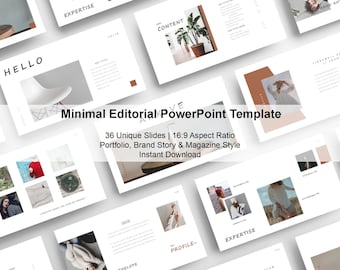 May include: A collection of white PowerPoint presentation slides with a minimalist design. The slides feature images, text, and geometric shapes in neutral tones. The title "Minimal Editorial PowerPoint Template" is displayed, along with details about the template's features.