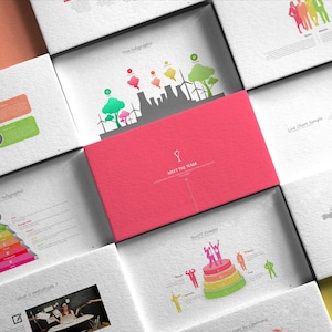 May include: A presentation template with a variety of colorful charts and graphs. The template includes a title slide, a slide for a team introduction, a slide for a tree infographic, a slide for a line chart, a slide for a map, and a slide for a pyramid infographic.