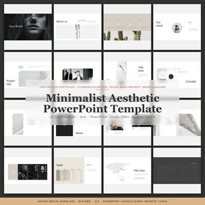 May include: A PowerPoint template with a minimalist aesthetic, displayed in a grid. The design includes various slide examples, such as "About Us" and "Our Result." Text includes "Minimalist Aesthetic PowerPoint Template" and "58 Editable Slides."
