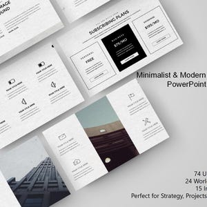 Könnte beinhalten: Eine minimalistische und moderne Business-PowerPoint-Vorlage mit 74 einzigartigen Folien, 24 Weltkarten und 15 Infografiken. Die Vorlage ist perfekt für Strategie, Projekte und Analysen.