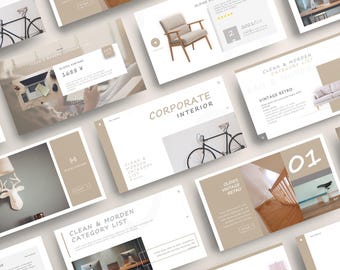 May include: A collection of design mockups with a neutral color palette. The slides showcase interior design concepts, including furniture, a bicycle, and text elements. The overall theme is vintage and modern.