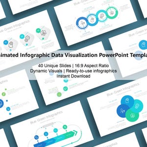 May include: A PowerPoint template with 40 unique slides featuring animated infographic data visualizations. The template includes dynamic visuals and ready-to-use infographics. The slides are in a 16:9 aspect ratio. The text "Blue-Green Infographics" appears on multiple slides.