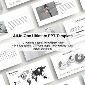 May include: A collection of white presentation slides with text and graphics. The slides feature the text "All-In-One Ultimate PPT Template" and include infographics, world maps, and icons. The slides are designed with a 16:9 aspect ratio and offer instant download.