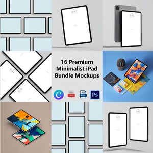 May include: A selection of iPad mockups with blank screens, displayed in different arrangements. The image features the text "16 Premium Minimalist iPad Bundle Mockups" and icons representing design software and file formats.