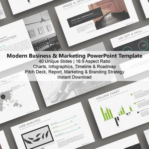 May include: A modern business and marketing PowerPoint template with 40 unique slides. The template features a 16:9 aspect ratio and includes charts, infographics, timelines, roadmaps, pitch decks, reports, marketing and branding strategies. The template is available for instant download.