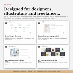 May include: A digital download presentation template designed for designers, illustrators, and freelancers. The template includes layouts for brand stories, device mockups, mood boards, and portfolio showcases. The text reads "Designed for designers, illustrators and freelance..."