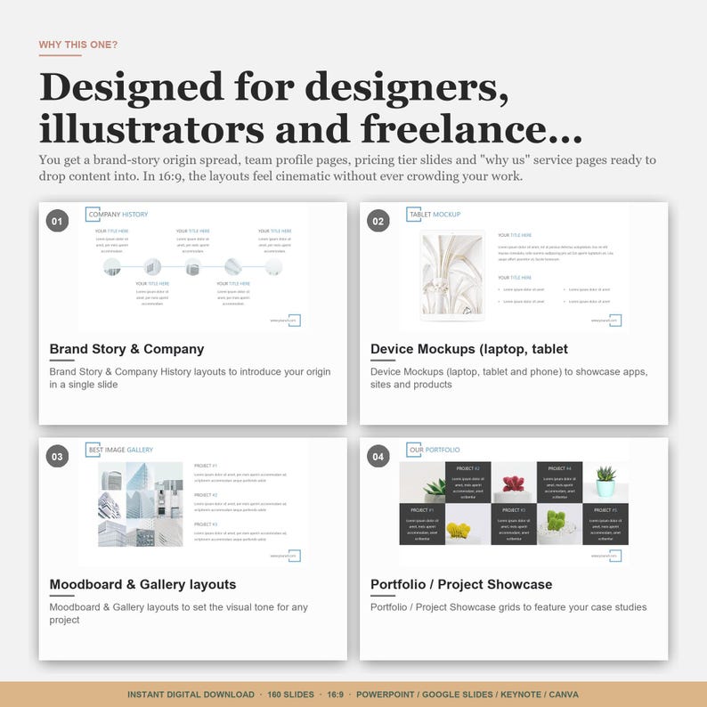 May include: A digital download presentation template designed for designers, illustrators, and freelancers. The template includes layouts for brand stories, device mockups, mood boards, and portfolio showcases. The text reads "Designed for designers, illustrators and freelance..."