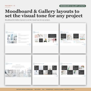 May include: A digital presentation layout with the title "Moodboard & Gallery layouts to set the visual tone for any project." The image shows several layout options with image galleries and text boxes. The bottom of the image says "Instant Digital Download".