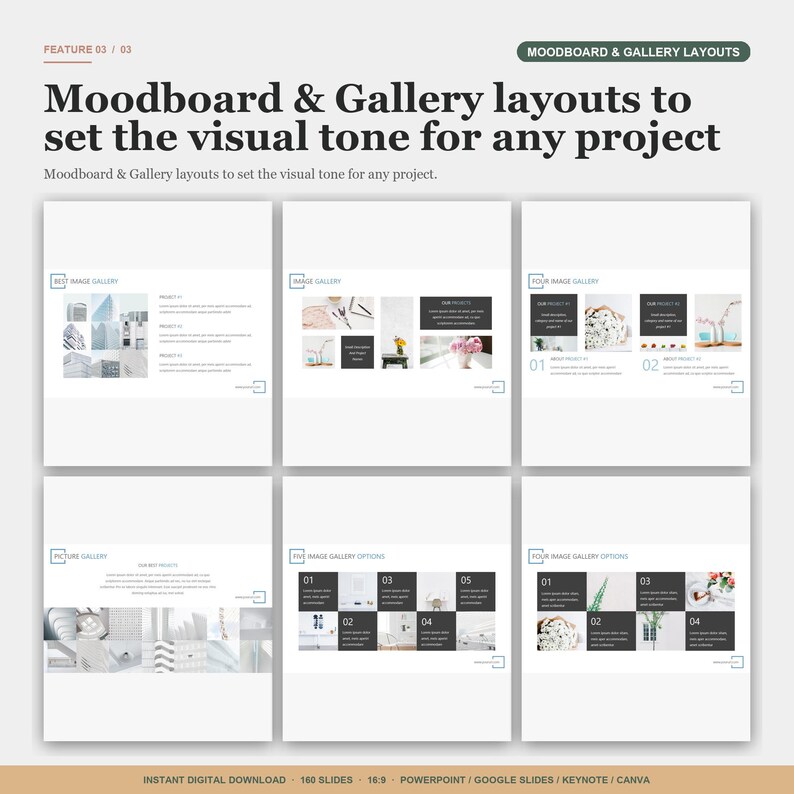 May include: A digital presentation layout with the title "Moodboard & Gallery layouts to set the visual tone for any project." The image shows several layout options with image galleries and text boxes. The bottom of the image says "Instant Digital Download".