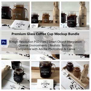 Glass Coffee Cup Mockup Bundle | 9 PSD Scenes for Cafe Branding (Digital Download)