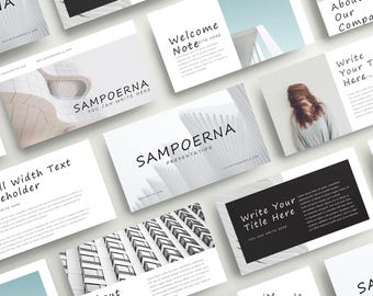 May include: A collection of white and black presentation slides with architectural and abstract designs. The slides feature text such as "SAMPOERNA" and "Write Your Title Here". Some slides have images of buildings and a person.