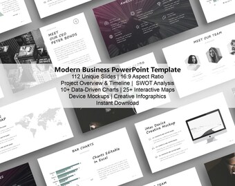 May include: A modern business PowerPoint template with 112 unique slides, 16:9 aspect ratio, project overview and timeline, SWOT analysis, data-driven charts, interactive maps, device mockups, creative infographics, and instant download.