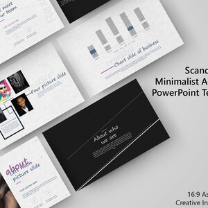 Könnte beinhalten: Eine PowerPoint-Vorlage mit skandinavischem minimalistischem Design. Die Vorlage verfügt über ein Schwarz-Weiß-Farbschema mit einem einfachen Design. Der Text auf den Folien ist in einer weißen serifenlosen Schriftart. Die Vorlage enthält 53 Folien und ist für ein 16:9-Seitenverhältnis ausgelegt. Die Vorlage enthält auch kreative Infografiken.