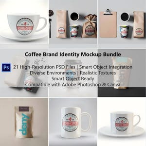 Op de afbeelding: Een mockup-bundel met koffie-brandingelementen, waaronder een kopje, een mok, een to-go beker, een koffiezak en een klembord. Het "Coffee Spot" logo is zichtbaar op de items. De tekst "Coffee Brand Identity Mockup Bundle" is ook aanwezig.