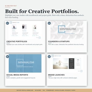 May include: A digital presentation template with a minimalist design. The image showcases four sections: creative portfolios, founders & startups, social media reports, and brand launches. Each section includes text and design elements, with a focus on clean aesthetics.