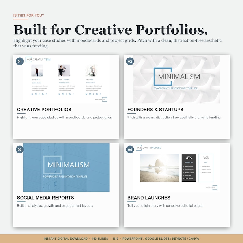 May include: A digital presentation template with a minimalist design. The image showcases four sections: creative portfolios, founders & startups, social media reports, and brand launches. Each section includes text and design elements, with a focus on clean aesthetics.
