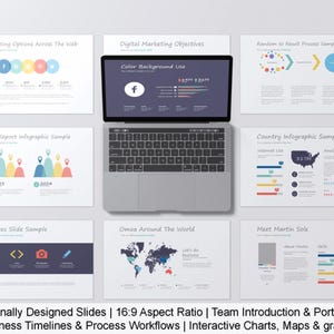 May include: A laptop computer surrounded by several white presentation slides. The laptop screen displays a dark blue background with a white Facebook logo. The slides feature charts, graphs, and infographics, with text such as "Marketing Options Across The Web" and "Sales Report Infographic Sample."