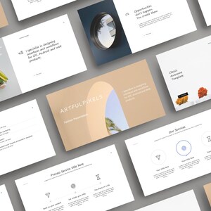 May include: A presentation template with the title "ARTFULPIXELS" in a beige and white color scheme. The template features a variety of slides with different layouts and designs, including a slide with a photo of a palm tree, a slide with a list of services, and a slide with a classic awesome template.