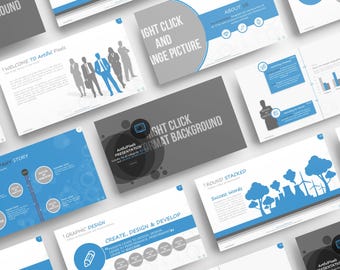 May include: A presentation template with a blue and gray color scheme. The template features a variety of slides with different layouts and graphics. The slides include text, images, and charts. The template is designed to be used for business presentations.