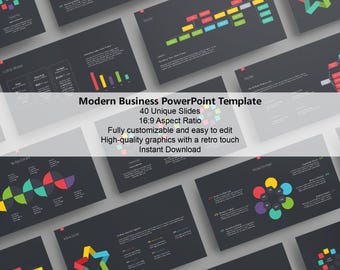 May include: A PowerPoint template with 40 unique slides in a modern business style. The slides feature a retro color scheme with geometric shapes and charts. The template is fully customizable and easy to edit.  The text on the image reads: "Modern Business PowerPoint Template, 40 Unique Slides, 16:9 Aspect Ratio, Fully customizable and easy to edit, High-quality graphics with a retro touch, Instant Download."