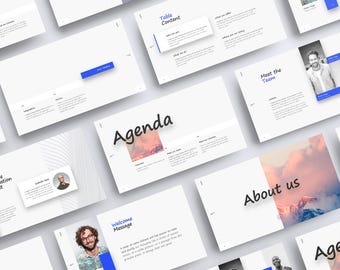 May include: A collection of white presentation slides with blue accents, featuring text such as "Agenda," "About us," and "Meet the Team." The slides include images and text boxes, creating a clean and modern design for a business presentation.